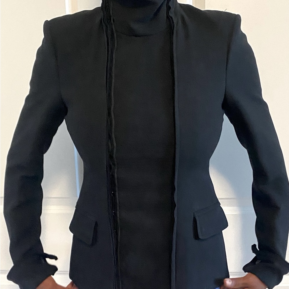 YSL Black silk jacket. Pockets , cuffs, slits at side backs.